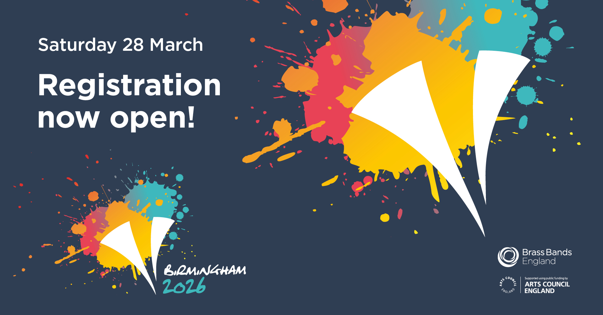Fun event logo with Splats of paint in the background showing Youth Champs 2023 in Stockport including the Y shaped like fanfare trumpets
