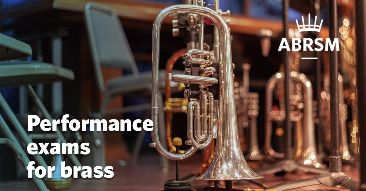 ABRSM performance exams for brass written over image of upturned flugelhorn