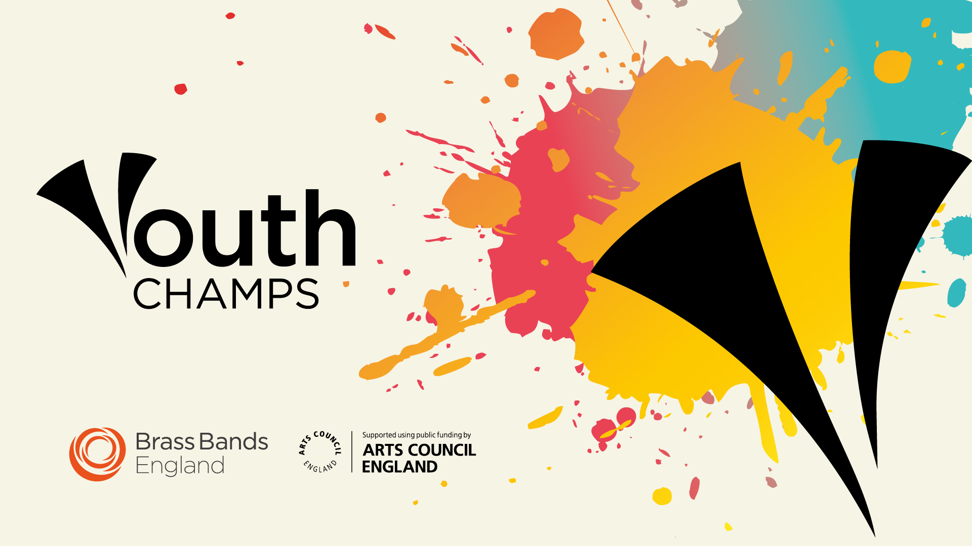 Youth champs text where the Y is shaped like two horns, appears next to a group of different brightly coloured paint splatters