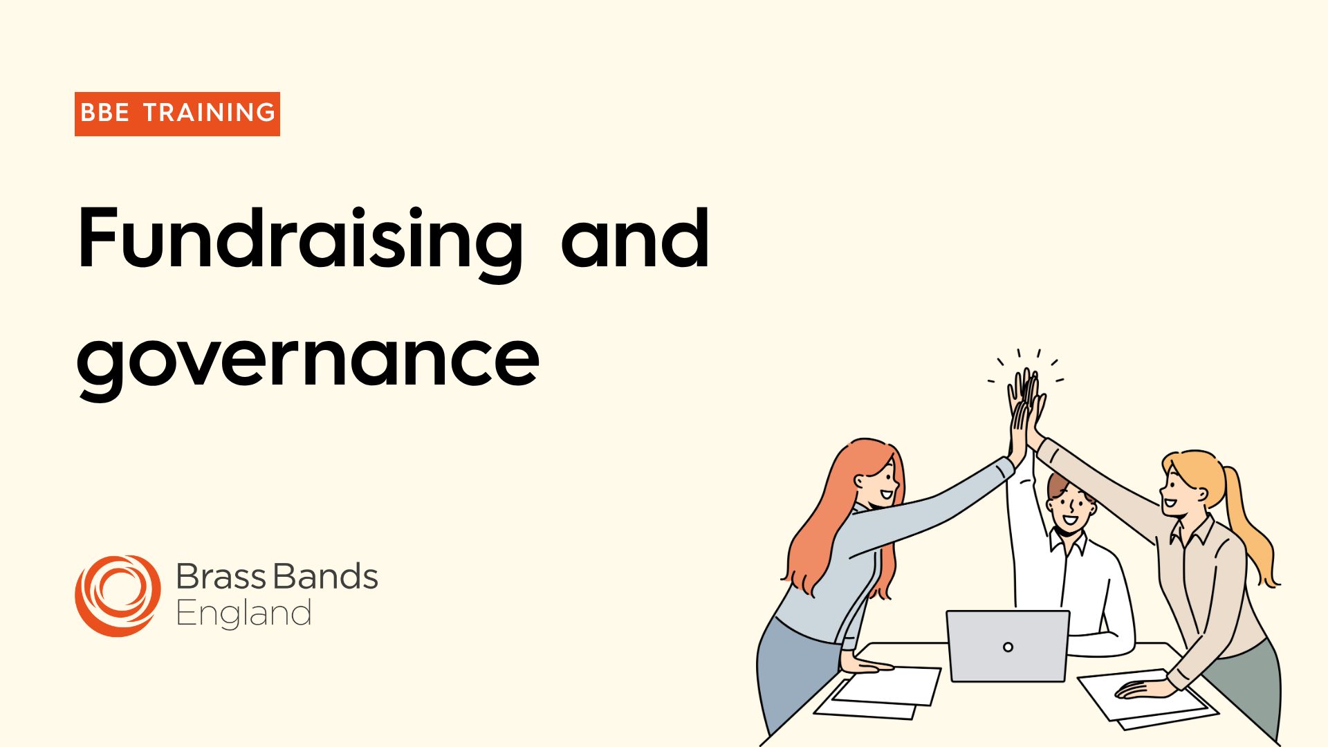 Text reads 'Fundraising and governance' with a cartoon of 3 people around a table, high fiving each other