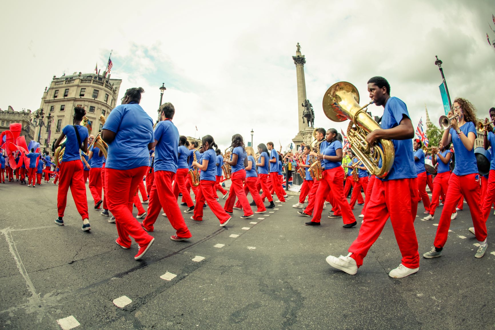 Kinetiko Bloco Band marching in a parade at Trafalgar Square