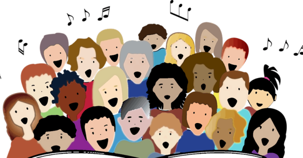 Stylised drawing of multiple and diverse groups ofadults and young people singing