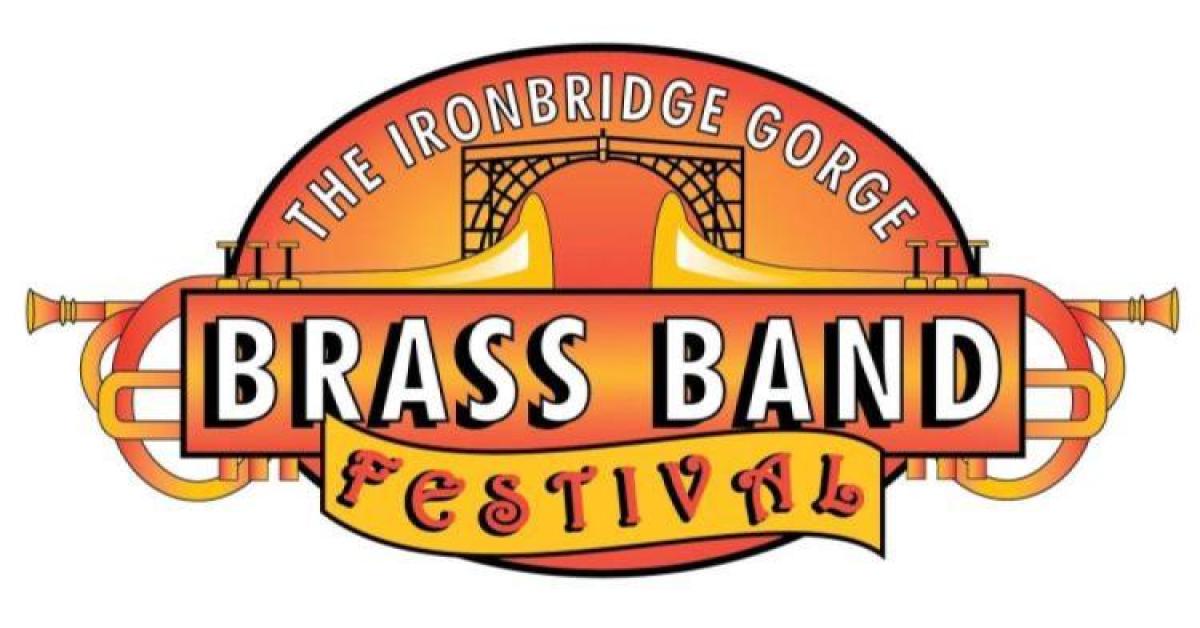 Text reads "Ironbridge gorge brass band festival" in a logo which has two brass instruments pointing towards the iconic Iron Bridge