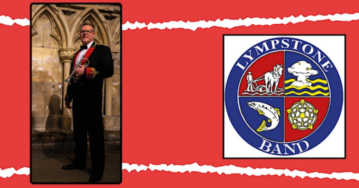 A photo of Richard Marshall on the left and the logo of Lympstone Band on the right on top of a red background with two horizontal white lines.