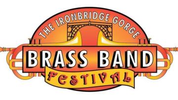 Text reads "Ironbridge gorge brass band festival" in a logo which has two brass instruments pointing towards the iconic Iron Bridge
