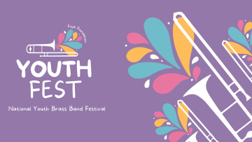 Musical instruments in white against a lilac background. On the left is Foyle Foundation Youth Fest