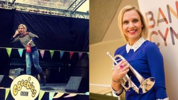  Two images of Alex, on the left she is on a CBeebies stage holding her hand to her ear, on the right she is wearing a blue jumper and holding her cornet