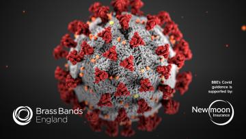 Covid-19 virus particle with New Moon Insurance logo (sponsor)