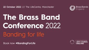 Text reads "The Brass Band Conference 2022" in white with tagline "banding for life" in orange on a purple background