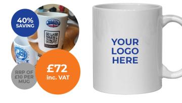 White mug with text "your logo here" on it in blue, orange circle with text "£72" and blue circle with text "40% off"