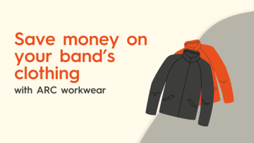 Text reads 'Save money on your band's clothing with ARC workwear' with an image of two jackets, one black, one orange to the right.