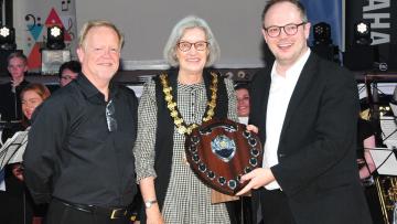 Russell Gray, Ceremonial Mayor of Salford and Matthew Ryan receiving prize