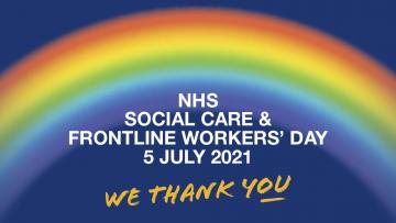 NHS, social care and frontline workers' day is written in text overlaying a picture of a rainbow