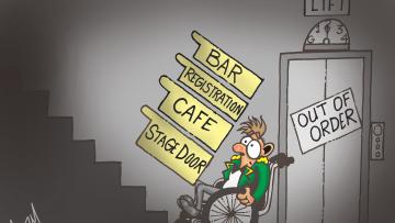 Cartoon of player in wheelchair at bottom of stairs.  Signpost to everything point up the stairs.