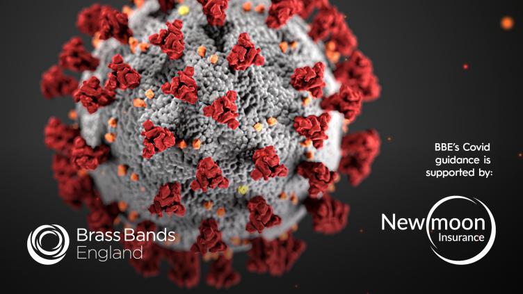 Covid-19 virus particle with New Moon Insurance logo (sponsor)