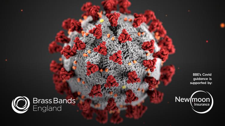 Covid-19 virus particle with New Moon Insurance logo (sponsor)