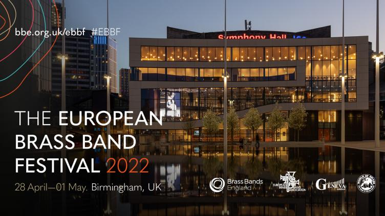 The European Brass Band Festival is written in the bottom left corner, cover a photo of the Symphony Hall in Birmingham
