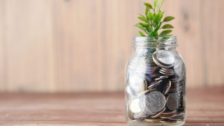 A jar filled with coins with greenery growing out of the top 
