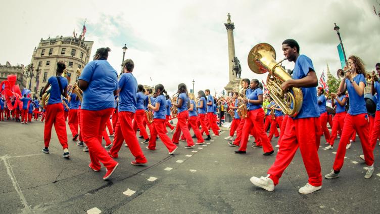 Kinetiko Bloco Band marching in a parade at Trafalgar Square